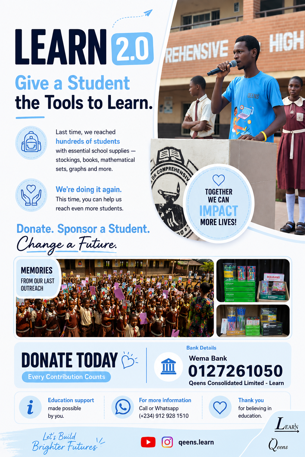 Learn 2.0 Give a Student the Tools to Learn campaign banner showing student outreaches.