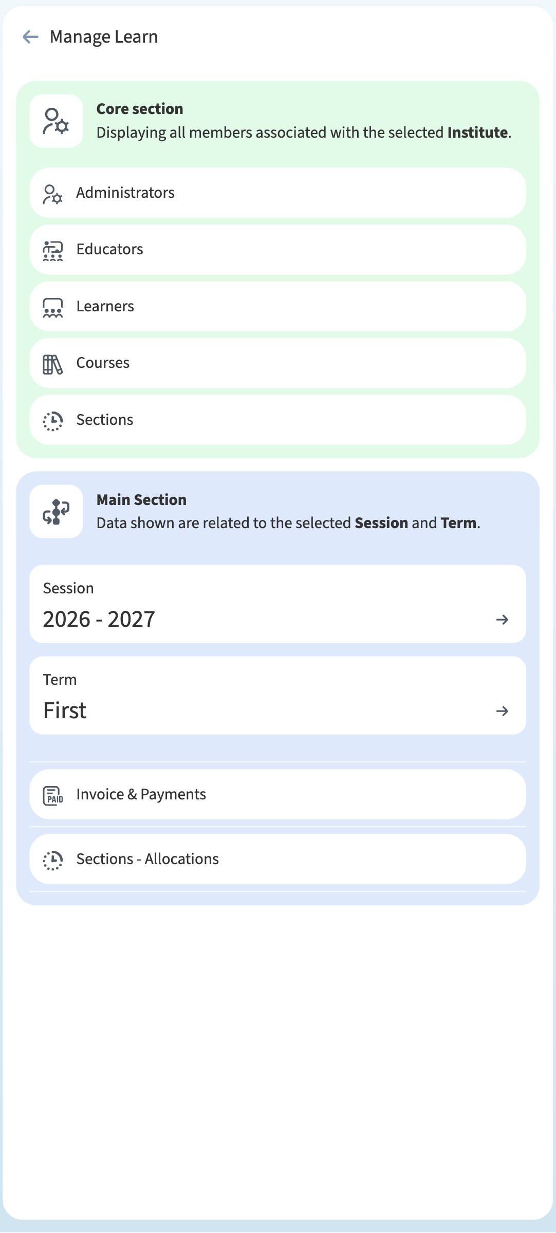 Learn Institute Management portal displaying Core Section member directories and Main Section session, term, and invoice controls.