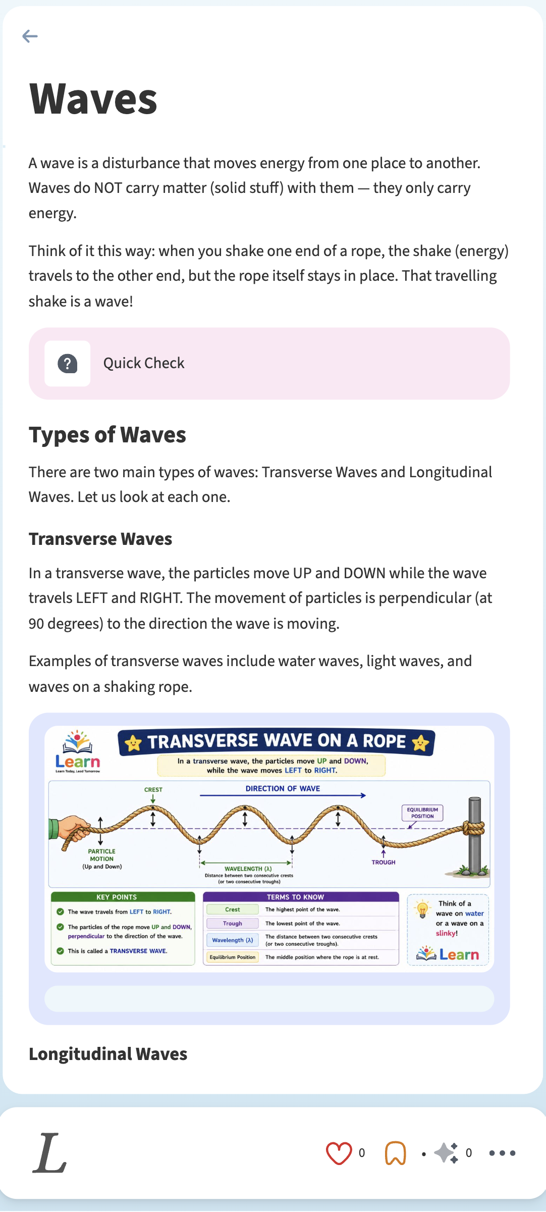 Learn authentic Note Reader interface displaying the Waves lesson, in-line Quick Check banner, and Transverse Wave diagram.